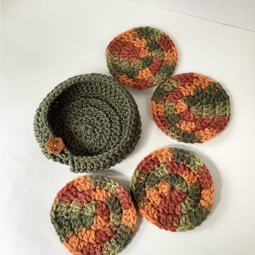 Coaster Set with Holder Hand Crafted Fall Green Orange Rust Crochet